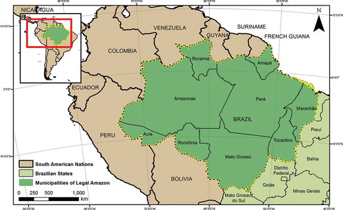 Map 1. Municipalities in the Brazilian Legal Amazon Region. Note that the Legal Amazon is bounded to the east by the 44th Meridian; our analysis includes municipalities in their entirety that have some share to the west of this line, and are included in the set of IBGE-defined Legal Amazon municipalities.