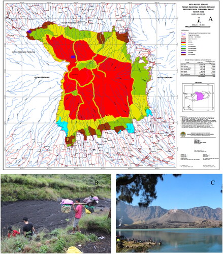 Figure 1. (A) Zoning map of MRNP; (B) A porter is charged to carry all the equipment (tents, sleeping bags, cooking sets, and logistics) needed during the hiking; (C) A view of Segara Anak Lake and Mount Barujari.Source: BTNGR (2020)