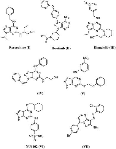 Figure 1. Structures of active drugs containing fused pyrimidine (I) Roscovitine, (II) Ibrutinib, and (III) Dinaciclib, Reported pyrazolo[3,4-d]pyrimidines derivatives (IV), (V), and (VI), and Reported pyrazolo[1,5-a]pyrimidines derivative (VII) as CDK2 inhibitors.