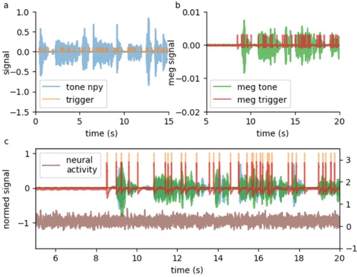 Figure 3. Alignment of speech stream and MEG signal. (a) Sample audio book wave file together with time tags of word boundaries from forced alignment. (b) Corresponding recordings of two analogue auxiliary channels of the MEG. (c) Alignment of data streams from a and b, together with one sample MEG channel.