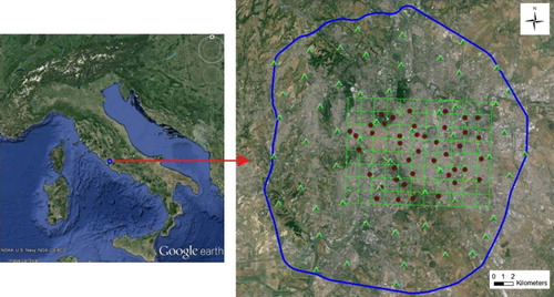 Figure 1. Study area in GE. The blue line represents the GRA, the green grid represents the GPS survey area. Green points and red points represent the cadastral and GPSs CPs, respectively.