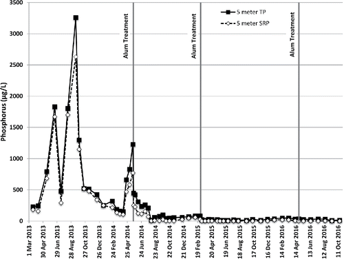 Figure 3. Observed pre and post alum treatment 5 m phosphorus concentrations in Lake Ketchum, WA, Mar 2013–Oct 2016.