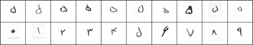 Figure 6. The upper row shows different shapes of number 5 and the lower row shows number 0–9 in Persian handwritten.