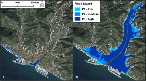 Figure 8. Maps of the urban areas exposed to (a) coastal flood and (b) flood hazard from according to the EU directive 2007/60/CE on the assessment and management of flood risk (CitationLigurian Region, 2014, Citation2015).