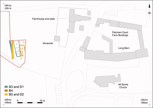 fig 9 Patcham structures B3, B4 and B5 in relation to the historic buildings of Patcham Court Farm and All Saints Church.