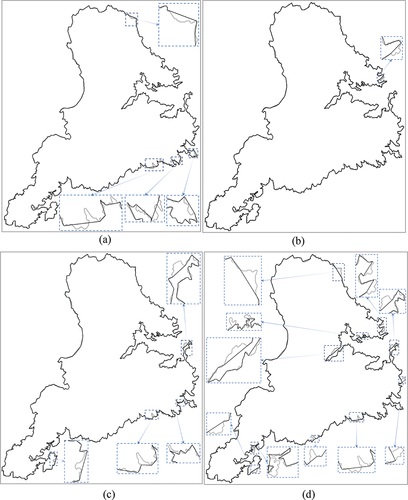 Figure 11. Simplification results at different brush widths. (a) W = 2 pixels, (b) W = 5 pixels, (c) W = 20 pixels, (d) W = 50 pixels. The area marked by the blue boxes is enlarged for display.