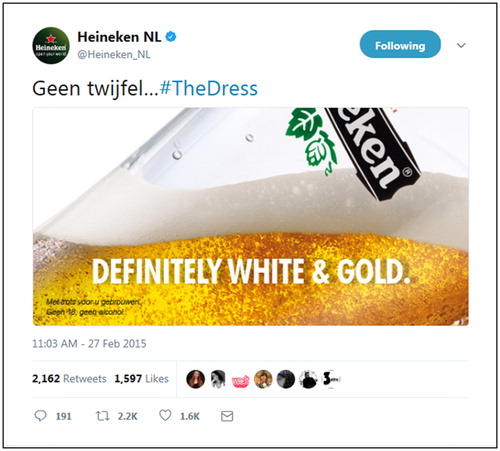 Figure 1. RTM message linking beer brand Heineken with unpredictable moment #thedress.