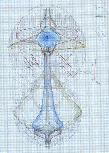 Figure 3. Gemma Anderson, ‘Garden of forking paths; Mitosis Score (working drawing 1)’, 2019. Pencil, and colour pencil on paper, 29.7 × 42 cm.