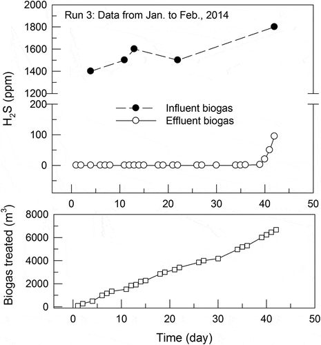 Figure 3. Breakthrough curve for adsorption of H2 S from the biogas by the GAC in Jan. to Feb., 2014. (Run 3: Influent H2 S 1,500 ± 100 ppm; effluent CH4 58.0 ± 4.6%, CO2 26.5 ± 3.9%, O2 1.55 ± 0.99%, Flow rate 22.4 ± 3.7 m3 h−1, and Temp. 20–25°C).