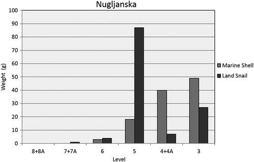Figure 5. Marine and terrestrial molluscs by weight at Nugljanska.