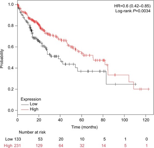 Figure 6 Comparison of overall survival between patients with high and low expression of CDH1 mRNA.Abbreviation: HR, hazard ratio.