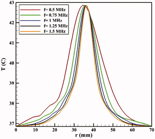 Figure 11. Temperature distribution profiles along the vertical line passing through the tumor center (symmetric axis in Figure 1(d)) for different frequencies.