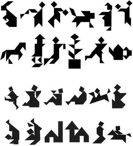 Figure 2. Tangram card set 1, as used in Derksen et al. Citation2015 (upper) and tangram card set 2, created for this study (lower).