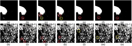 Figure 7. Typical features extraction diagram. (a)–(g) Binarization images of water bodies in Bortala Mongolia, where (a) is the NDWI validation data; (b) is the water body binarization map of the GF-6 WFV image with a threshold of 0.14; (c) is the water body binarization map of the GF-1 WFV4 image with a threshold of 0.14; (d) is the water body binarization map of the GF-1 trans WFV image with a threshold of 0.14; (e) is the water body binarization map of the GF-6 WFV image with a threshold of 0.20. (f) is the water body binarization map of the GF-1 WFV4 image with a threshold of 0.20, (g) is the water body binarization map of the GF-1 trans WFV image with a threshold of 0.20.(h)–(n) the vegetation binarization images of the Changji area, where (h) is the NDVI validation data; (i) is the vegetation binarization map of the GF-6 WFV image with a threshold of 0.42; (j) is the vegetation binarization map of the GF-1 WFV4 image with a threshold of 0.42; (k) is the vegetation binarization map of the GF-1 trans WFV image with a threshold of 0.42; (l) is the vegetation binarization maps of the GF-6 WFV image with a threshold of 0.46, (m) is the vegetation binarization maps of the GF-1 WFV4 image with a threshold of 0.46, (n) is the vegetation binarization maps of the GF-1 trans WFV image with a threshold of 0.46.