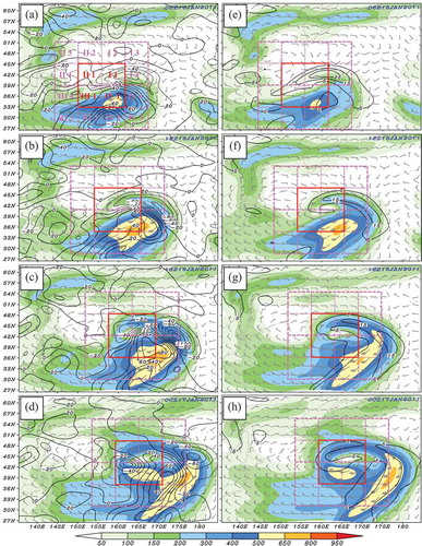 Figure 1. The left-hand column shows the 900-hPa total wind KE (shading; units: J kg−1) and nonorthogonal wind KE (black lines with an interval of 20 J kg−1). The right-hand column shows the 900-hPa rotational wind KE (shading; units: J kg−1) and divergent wind KE (black lines with an interval of 10 J kg−1). The red solid box shows the central region (12° × 12°) of Cyclone A, and the purple dashed boxes illustrate 16 key regions (6° × 6°) of the cyclone.