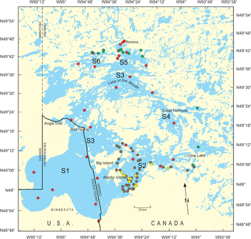 Figure 1. Map of Lake of the Woods (Canada and US) with each of the six ECCC-designated lake zones identified. Dots represent sampling locations offshore in 2006 (brown), 2008–2010 (orange), and 2014–2015 (orange) and nearshore in 2006 (yellow) and 2009 (green).