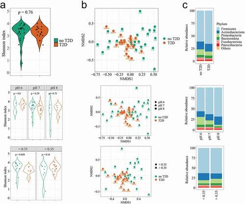 Figure 2. Diversities of the salivary microbiome according to the T2D diagnosis, salivary pH, and salivary glucose (<0.35 mg/dL or >0.35 mg/dL). (a) Alpha-diversity index (Shannon index). B = Beta diversity measured by the Bray-Curtis distance on nMDS plot (n = 390 taxa); C = Most abundant phyla in the salivary microbiome.