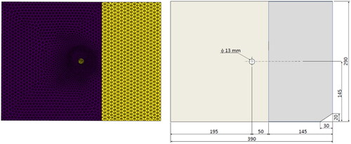 Figure 7. Mesh with highlighted central injection gate and section with different properties than the main preform (left) and dimensions (right) for the first validation test case.