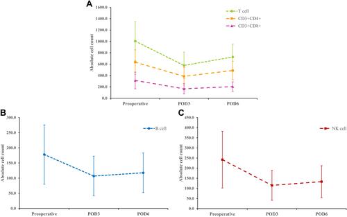 Figure 3 Perioperative dynamic change of T cell absolute count (A), B cell absolute count (B) and NK cell count (C) in gastric cancer patients.