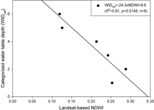 Fig. 6 Categorised water table depth (WtDcat) against Landsat-based NDWI averaged for each WtDcat category. None of the satellite pixels had an average water table above the soil surface, and there is hereby no zero WtDcat.