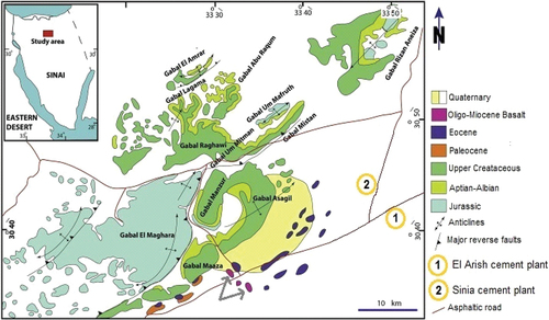 Figure 1. Detailed geologic map of the study area showing location of studied Oligo-Miocene basaltic samples and the location of nearby already existing cement plants (modified after [Citation24]).
