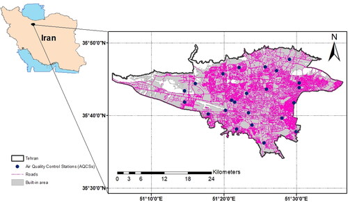 Figure 1. Spatial distribution of Air Quality Control Stations in Tehran, roads, and built area.
