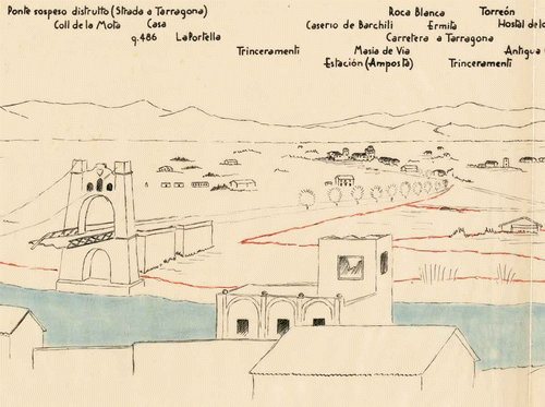 Plate 4. Schizzo panoramico dall'oss[ervatorio] della II Battery. Str[ada] in Amposta, southern Catalonia. Manuscript panoramic sketch map indicating Republican positions, made by Italian troops of Comando Frecce [Arrow Command] in the Spanish Civil War, near the village of Amposta on the Ebro River. The river is coloured blue, and farm tracks of particular interest are highlighted in red. As seen in the enlargement, the suspension bridge is labelled as destroyed and the altitude of Casa La Portella (q. 486) is given. 23×72 cm. (Reproduced with permission from the Institut Cartogràfic de Catalunya. Cartoteca, FonsMonés, RM.209.566.)