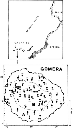 Figure 1. Position of the Canary Islands and map of Gomera showing the collecting sites.A, basal belt. B, montane zone.