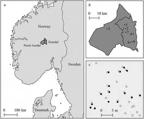 Figure 1. Nord-Aurdal and Etnedal municipalities in southern Norway (a), locations of study sites (b), and control measurements of stumps measured at site 8 (black dots) and coordinates measured by the harvester (white dots) (c)