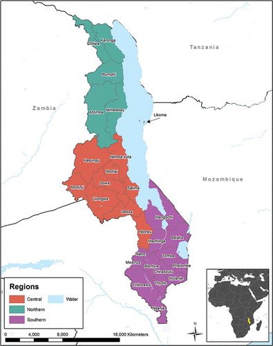 Figure 1. Map of Malawi showing regions and districts.
