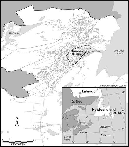 Figure 1. Location map for St John's in eastern Newfoundland, Atlantic Canada. The oldest parts of the city are located in the downtown area, on the north side of St John's Harbour.