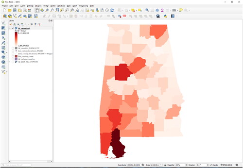 Figure 77. Symbolized raster image using five classes ranging from dark red (representing the county with the largest land area) to light red (representing counties with the smallest land area). In this case we set the Burn in Value to be ALAND which is the total area of the counties. Each pixel is symbolized using this value.