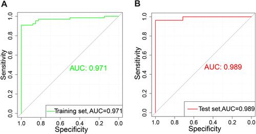 Figure 4 Support vector machine (SVM) model. (A) Receiver operating characteristic (ROC) curve of the training set. (B) ROC of the test set.