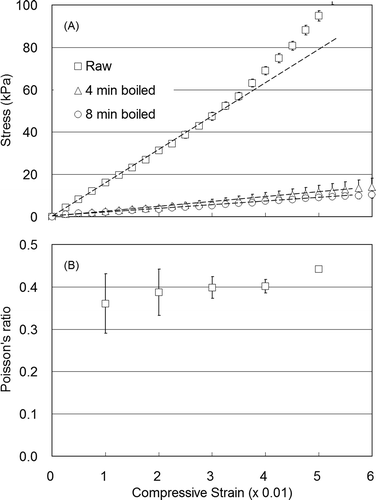 FIGURE 4 Stress-strain curves for raw and boiled Japanese radish samples (a), and Poisson’s ratio at each compressive strain for raw samples (b) (n = 6).