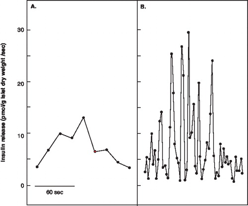 Figure 7.  Insulin release from a human islet exposed to 11 mM glucose. A: Pulse observed with a sampling time of 17.5 seconds. B: The same pulse analysed with a sampling time of 2.5 seconds.