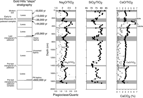 FIGURE 5 Loess stratigraphy, radiocarbon ages, selected 10Be age estimates, and possible correlations (CitationMuhs et al., 2003a) at the Gold Hill section; fission-track age estimate for the PH tephra is from CitationWestgate et al. (1990). Open circles are 10Be age estimates, gray-filled circles are radiocarbon ages of humic acid extractions, black-filled circle is radiocarbon age of charcoal. Also shown are plots of Na2O/TiO2, plagioclase/quartz, SiO2/TiO2, CaO/TiO2, and CaCO3 in the section. Gray shades mark paleosols.