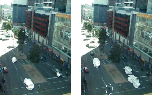 Figure 10. Two sample output frames from the moving vehicle detection scenario (sunny day). Source: Photograph by the author.