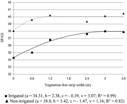 Figure 3. Effect of irrigation and VFSW on SPAD value of peach, averaged across four sampling dates, Clayton, NC in 2008. The value of VFSW at which the response plateau is represented by v.