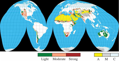 Figure 12. Degree of soil degradation, as described using GLASOD (DEG1) data. A, severe deserts; M, mountainous areas higher than 3 km; C, cool and cold areas located further north/south than 55° N/55° S in latitude.