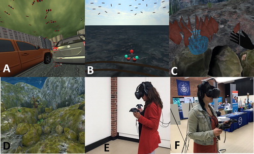 Figure 2. A: CO2 molecules spewing out of a car. B: CO2 reacting with sea. C: Participant placing flags next to the sea snails on the reef. D: Acidified reef without sea snails. E, F: Consultation participants in VR.