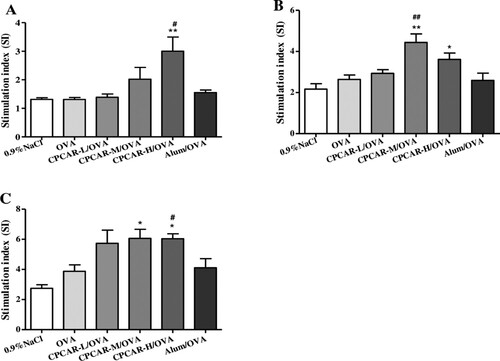 Figure 3. OVA-specific lymphocyte proliferation response. Cells from spleen of immunised mice were isolated to measure splenocyte proliferation by MTT method after 21 days (n = 5). (A) Stimulation index of OVA. (B) Stimulation index of ConA. (C) Stimulation index of LPS. Bar graph presents the mean ± SD.*P < 0.05 and **P < 0.01 compared with OVA; #P < 0.05 and ##P < 0.01 compared with Alum/OVA.