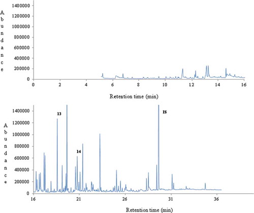 Figure 3. A typical gas chromatogram of thyme honey (no.3) from Spain. Key volatile compounds of geographical origin are numbered (13-14) and indicated in bold. IS: internal standard.