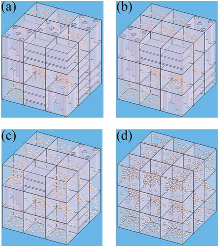 Figure 2. Models of the composite ceramic samples with different ball-milling time: (a) 5 min, (b) 30 min, (c) 10 h, and (d) 24 h.
