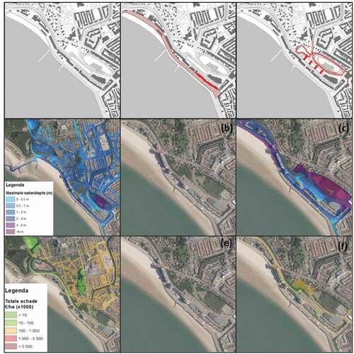 Figure 5. The results of the D&A framework - general overview: Maximum water depth map (a-c) and the corresponding total flood damage map (d-f) under extreme sea level at 1/10,000 p.Y in 2100 fora) Baseline strategy, b) Vilissings Model and c) Spuikom Model (elaboration: A.Bortolotti, A.Diaz,Q.Ke)