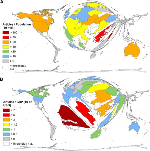 Figure 3. Density equalizing map projection (DEMP) of socio-economic parameters. Analytical threshold ≥ 20 articles on West-Nile Virus. (A) RPOP: Number of articles/population in 10 mill. inhabitants, RGDP: Number of articles/GDP (Gross Domestic Product) in $10 billion.