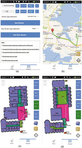 Figure 18. (a) Start point and end point selection, (b) outdoor navigation, (c) indoor navigation from outside to the 2nd floor, (d) indoor navigation from the 2nd floor to the 1st floor.