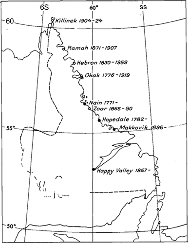 Figure 1. Map of eight early Moravian Mission settlements in northern Labrador (Excluding Happy Valley). These sites in northern Labrador listed from north to south include Killinek (1904–1924), Ramah (1871–1907), Hebron (1830–1959), Okak (1776–1919), Nain (1771-Presentday), Zoar (1865–1890), Hopedale (1782-presentday) and Makkovik (1896-Presentday).(Kleiven Citation1966, 24)