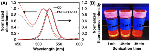 Figure 5. Fluorescence spectra of the QD and PMBN/PLA/QD nanoparticles (A), and fluorescence image of the PMBN/PLA/QD nanoparticles prepared with various sonication times (B).