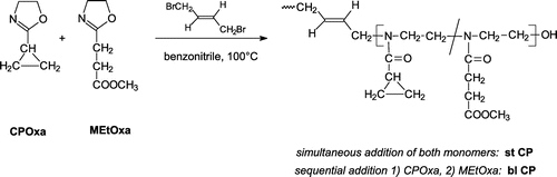 Scheme 1. General reaction scheme for the synthesis of statistical (st CP) and block copolymers (bl CP) from CPOxa and MEtOxa monomers using 1,4-dibromobutene as a bi-functional initiator.