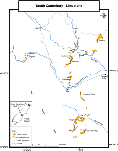 Figure 1  Limestone areas surveyed in South Canterbury.
